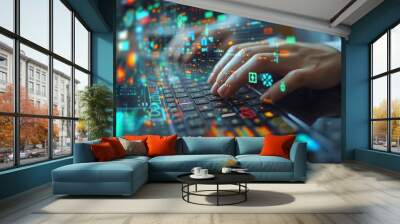 Exploring Digital Technology Through Hands Typing on Keyboard Amidst Colorful Data Streams Wall mural