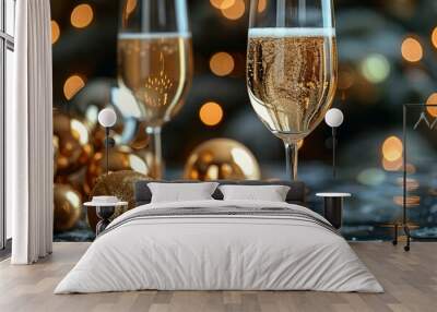 Festive champagne glasses surrounded by golden ornaments during a holiday celebration at night Wall mural