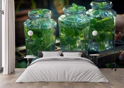 Fresh herbs growing in glass jars filled with water at a garden during a sunny afternoon Wall mural