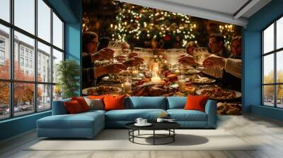 People celebrate a festive dinner with a beautifully set table and a decorated Christmas tree in a cozy, warmly lit dining room Wall mural