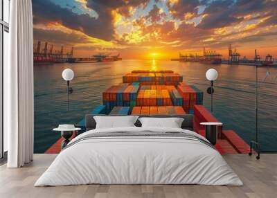 Shipping containers at sunset over a busy port reflecting vibrant colors on calm water Wall mural