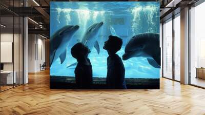 Two Children Observing Dolphins Underwater at an Aquarium During Daytime Wall mural