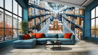 Workers sorting packages in a busy warehouse during the day Wall mural