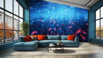 Abstract technological background featuring inside of a blue inner chamber with glowing grid, lights and blurred night city in background  Wall mural