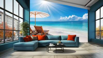 Beach chairs and umbrella on a sunny tropical beach. Two wooden lounge chairs under a white umbrella on a pristine beach with turquoise water and a bright blue sky Wall mural