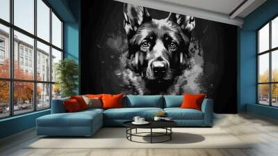 Black and white splat paint style close portrait of a German Shepherd breed dog isolated on black background. Vector. Generative AI Wall mural