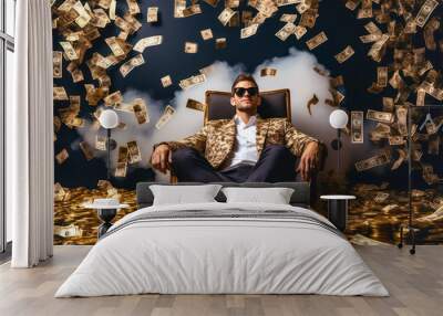 Conceptual portrait of a smiling successful handsome young man sitting relaxing carelessly, airily and light-heartedly enjoying his success surrounded by his gold  and money. Generative AI Wall mural