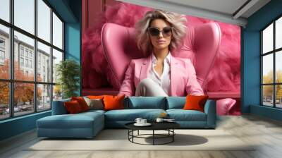 Portrait of a beautiful young blond woman posing in a glamourous pink color palette interior. Barbiecore. Generative AI Wall mural