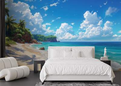 Serene tropical beach paradise with lush palms and white sand. Clear blue sea against a vibrant sky creates the perfect island getaway scene Wall mural