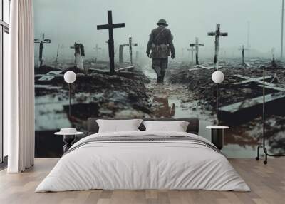 Soldier among graves in misty field. A lone soldier in World War I uniform walking by weathered crosses in a foggy, muddy graveyard, evoking a somber remembrance of fallen comrades Wall mural