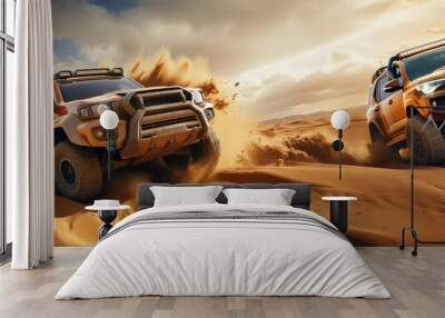 Two 4x4 off-road trucks racing bashing sand dunes in the desert. Generative AI Wall mural