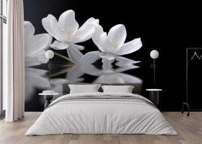 White magnolia flowers on a reflective water surface on black background. 21 to 9 aspect ratio. Generative AI Wall mural