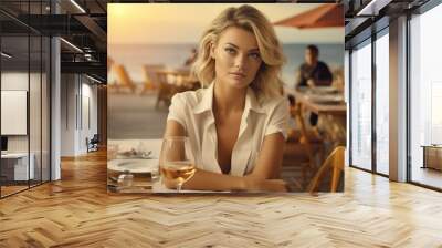 Beautiful woman with model looks, arranging meetings with clients in the style of  Working Lunch on the Island Wall mural