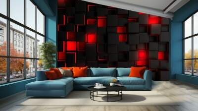 Black and red abstract geometric pattern featuring squares. The design is set against a background with ample space, perfect for web banners. It has a wide, panoramic aspect ratio. KI-Illustrationen Wall mural