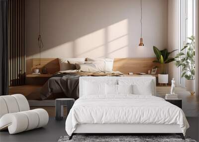 Blank beige brown wall in modern, luxury bedroom in sunlight from window blinds, wooden bed, gray blanket, pillow, bedside table on parquet floor for interior design decoration. Ai Generative Wall mural