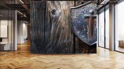 Grey metal shield on dark wooden background. Wide photorealistic banner with copy space. Security, protection, medieval and smithy concept. Wall mural