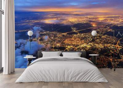 Beautiful aerial cityscape view of the city of Leiden, the Netherlands, after sunset at night in the blue hour Wall mural