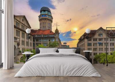 beautiful cityscape looking towards the urania sternwarte observatory telescope in zurich, switzerla Wall mural