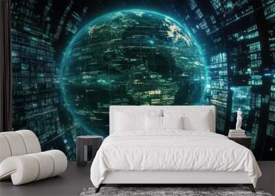 A 3D rendering of a glowing Earth with digital data surrounding it. Wall mural