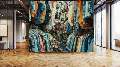 A Close-Up View of a Clothing Rack Overflowing with Shirts Wall mural