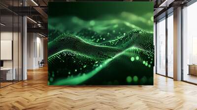 A digital illustration of a green abstract wave made of glowing particles. Wall mural