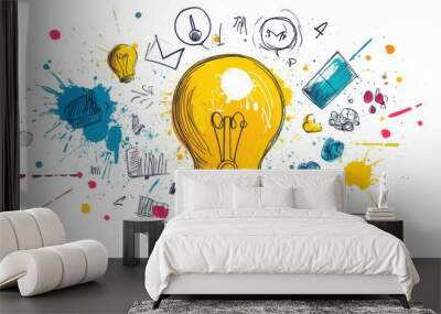 A large light bulb with hand-drawn elements and colorful splatters on a white background Wall mural