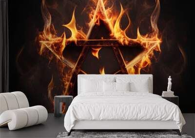 Abstract 8 5 6 9 10 12 pointed fractal cosmic sun burning in flame with smoke chaos star pentagram with cracked volcanic lava ground material symbolic realistic image Wall mural