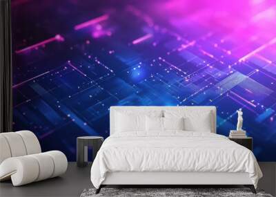 Abstract Digital Network with Neon Lights and Geometric Shapes Wall mural