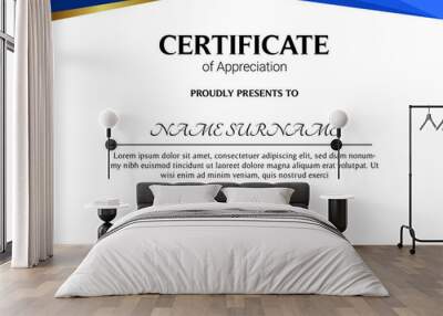 Certificate of appreciation template, gold and blue color. Clean modern certificate with gold badge. Horizontal certificate border template with luxury and modern line pattern. Diploma vector template Wall mural