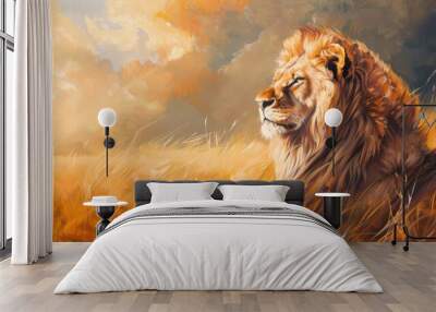 Majestic Lion in Golden Grassland at Sunset Wall mural