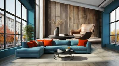 Modern Living Room with Brown Leather Chair, Wooden Wall and Coffee Table Wall mural