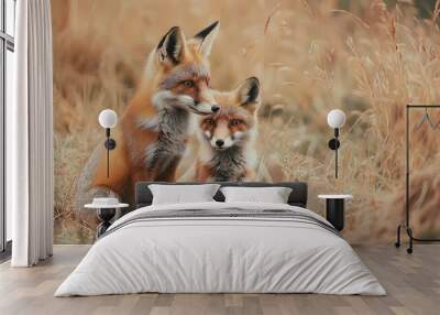 Pair Of Red Foxes In A Field Wall mural