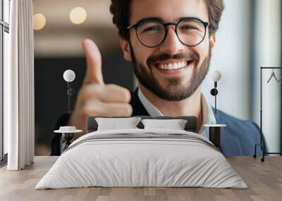 Smiling Businessman Giving Thumbs Up in Suit Wall mural