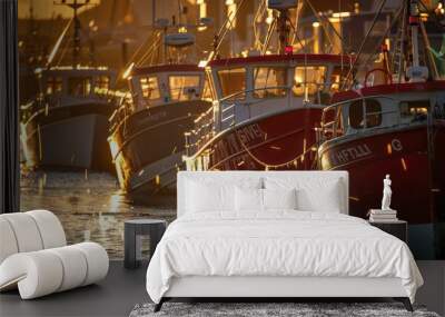 Sunset over small harbor with fishing boats Wall mural