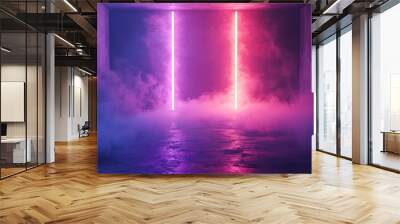 Two Neon Lights Shining in a Foggy Room with Concrete Walls Wall mural