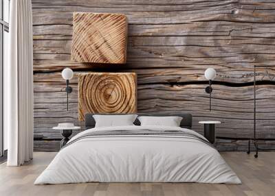 Two Wooden Blocks on Weathered Wooden Plank Background Wall mural