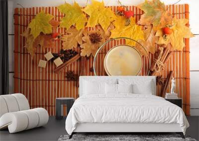 autumn coffee - yellow leaves of oak, maple, and coffee in trans Wall mural