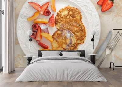 dessert - pancakes with strawberries, peach, and black cherry wi Wall mural