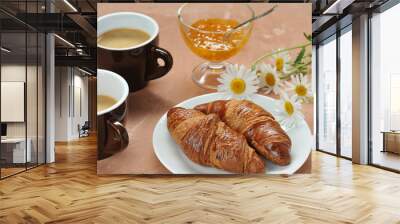 morning coffee and croissants, two cups of coffee, jam and daisies Wall mural