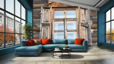 wooden window in wooden house Wall mural