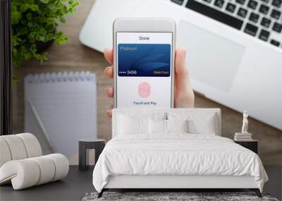 female hand holding phone debit card and app touch pay Wall mural