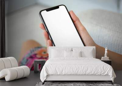 female hands in colored dress holding phone with isolated screen Wall mural