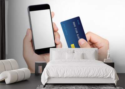 Male hands holding phone with isolated screen and credit card Wall mural