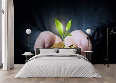 holding plant sprouting from a handful of coins Wall mural