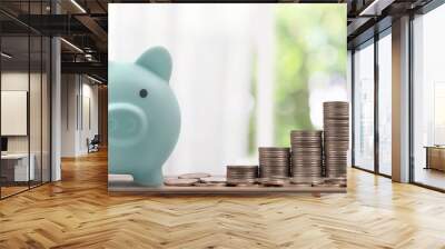 Stack of coin with trading graph, financial investment concept. and Piggy bank Wall mural