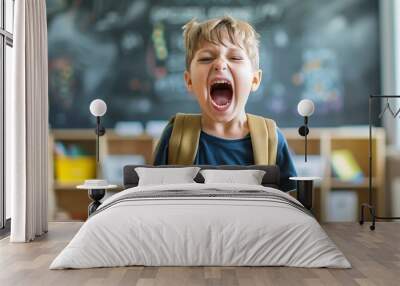 A young boy stands in a classroom, his mouth open wide in a loud shout. His expression is one of anger or frustration. Wall mural