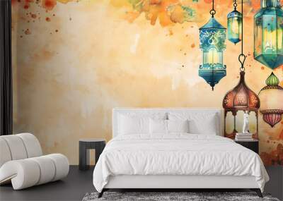 Watercolor illustration with hanging arabic lanterns, wide space. Ramadan illustration Wall mural