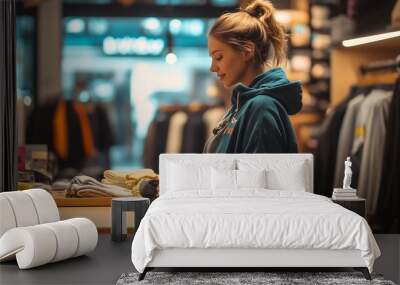 Young Woman Shopping for Clothes in Retail Store Wall mural