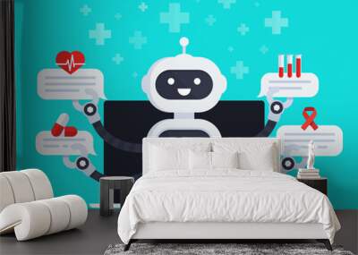 Medical Robot vector illustration. ChatBot out of screen monitor holds speech bubbles with medical icons. Medical bot answers questions of patients. Vector illustration in flat design style Wall mural