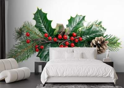 Christmas decoration of holly berry and pine cone on white background Wall mural